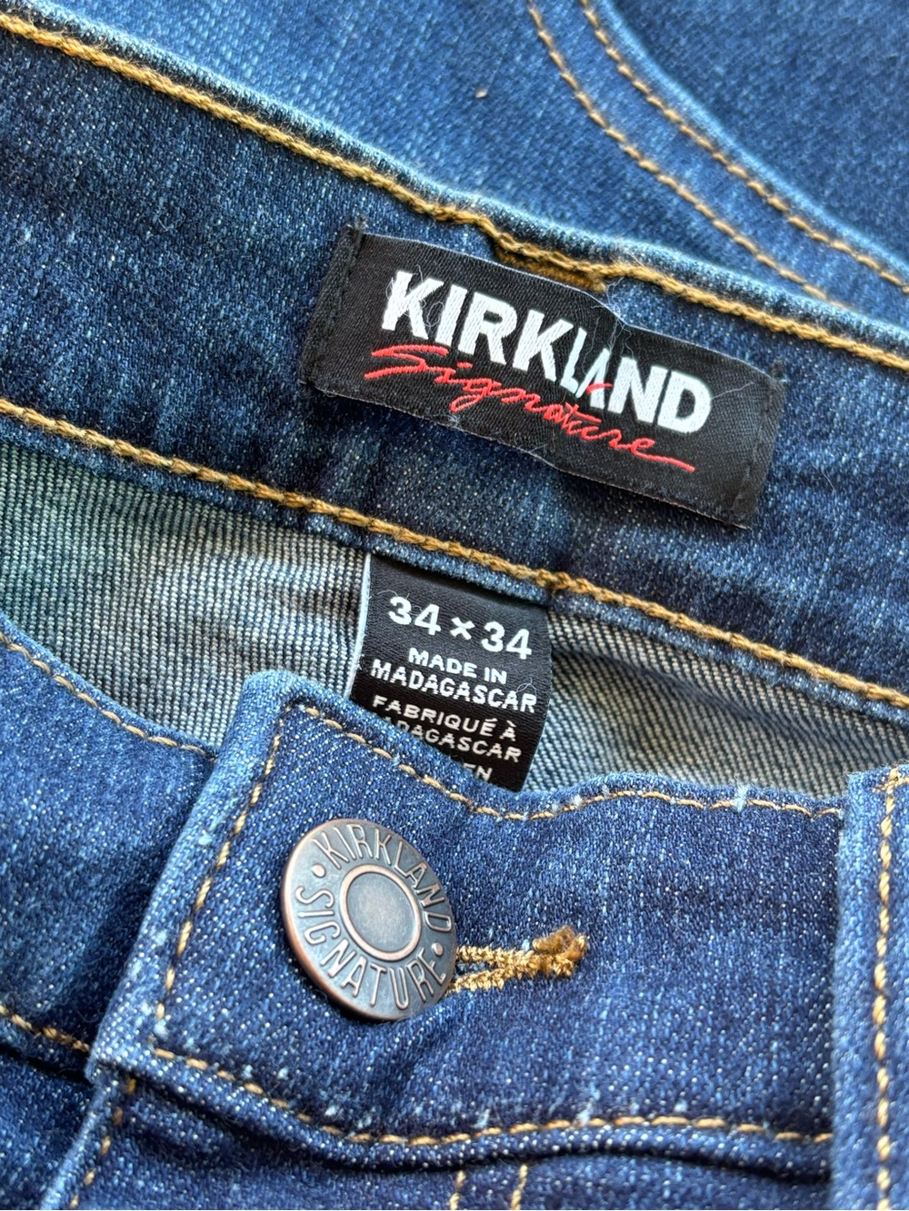 Kirkland Signature Men's Straight Dark Blue Jeans with Gold Stitching